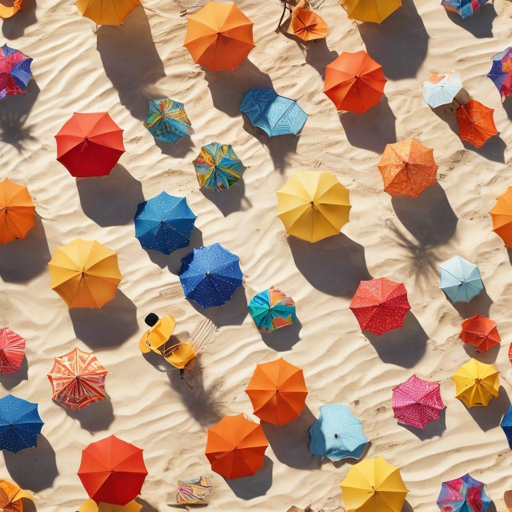 A vibrant summer scene featuring a stylized beach layout, showcasing a diverse array of beach attire like colorful swimsuits, stylish cover-ups, and fashionable sandals. Include accessories like trendy sunglasses, fun beach hats, and a stylish tote bag, with a bright sun shining above and gentle waves in the background. The sand should sparkle under the sun, and add playful beach umbrellas for extra flair. bright and cheerful. vibrant colors. 3D.